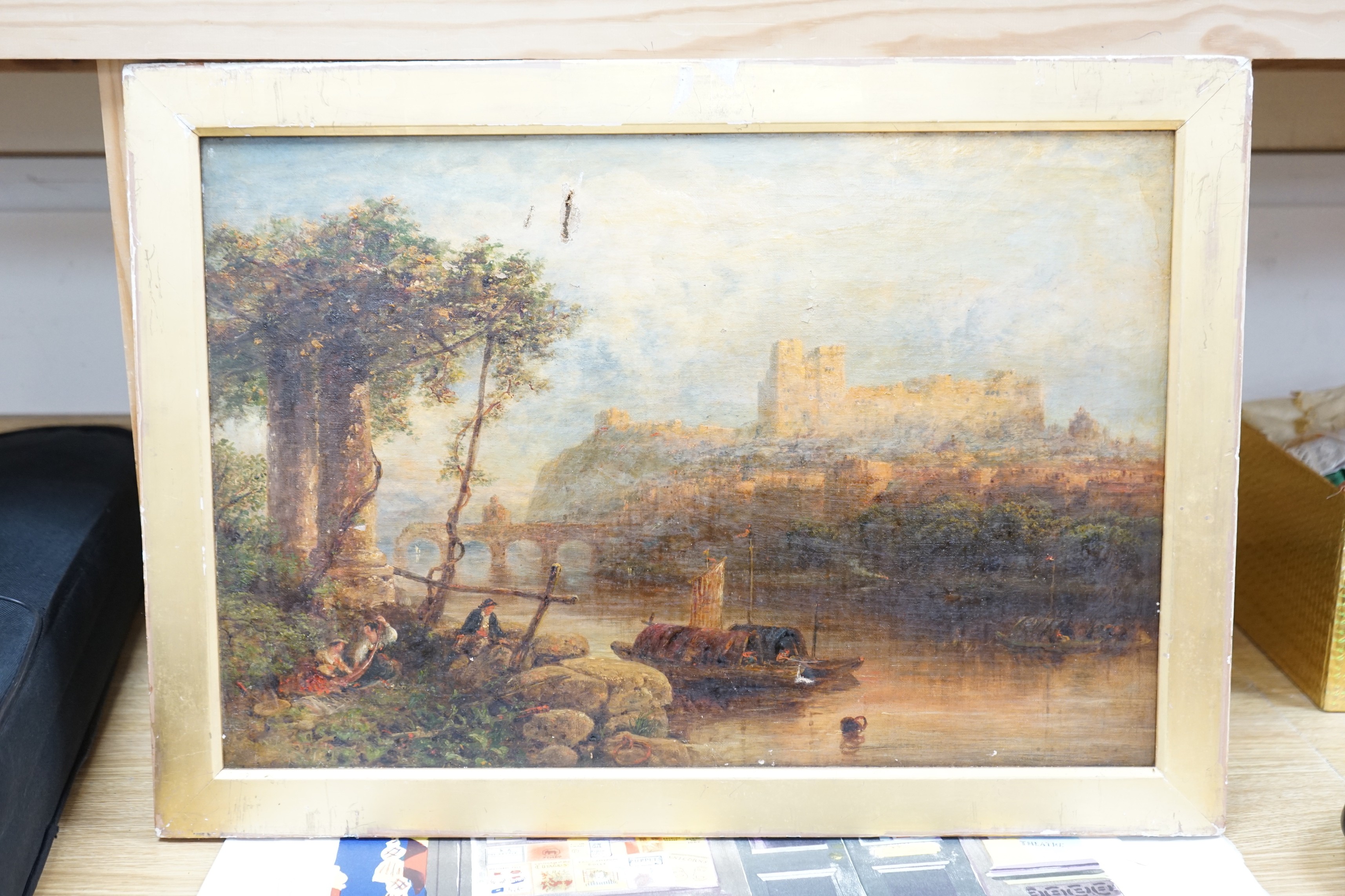 19th century English School, oil on canvas, River landscape with hilltop castle, 35 x 52cm